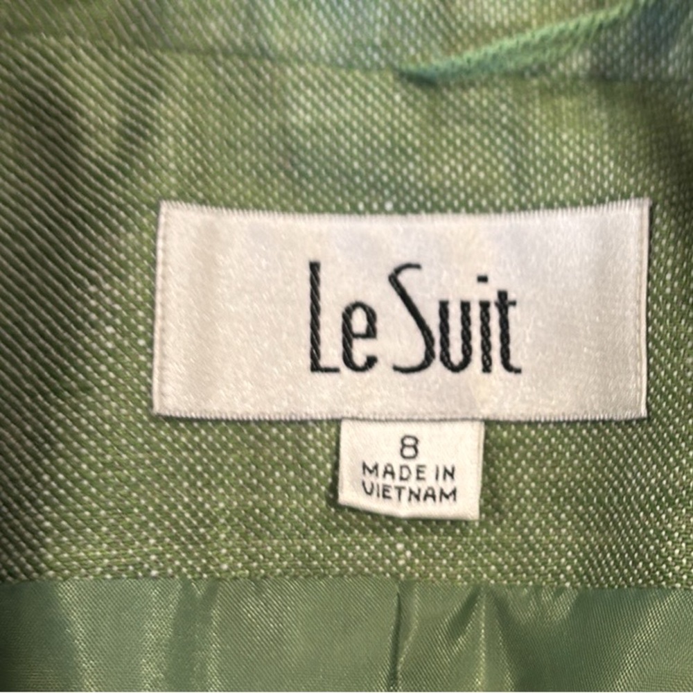 90s 2PC LE SUIT LINEN GREEN LUXURY 3/4 SLEEVES FITTED BLAZER PENCIL SKIRT SZ 8 - Picture 11 of 11